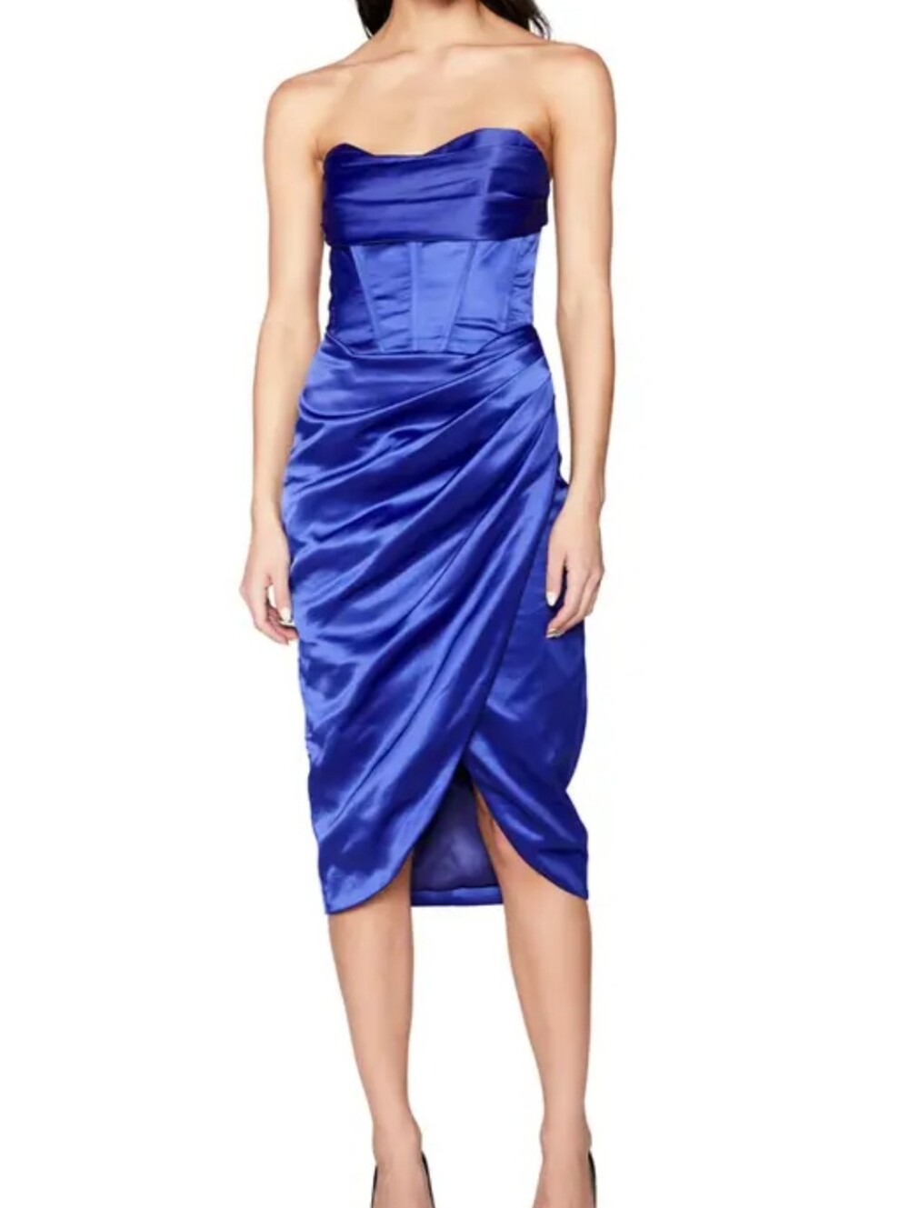 Bardot Strapless Satin Draped Midi Dress in Cobalt Blue Size XXL US 12